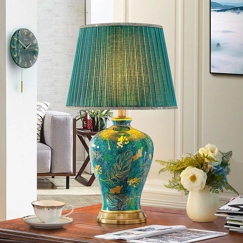 

40x68cm American Retro Green Ceramic Table Lamp For Bedroom Living Room Bedside Lamp Emerald Queen Atmospheric Luxury Villa