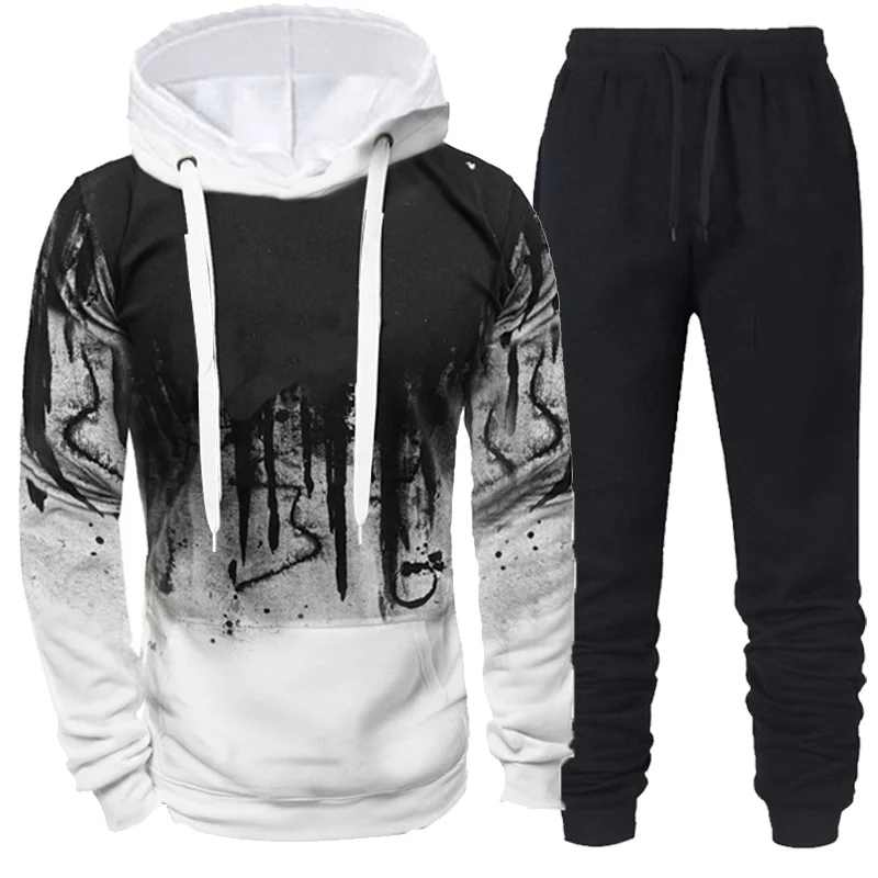 

Men's Spring Autumn Hoodie Suit 2-piece Set Sports set Fashion Ink Printing Sweatshirts Homme Sportswear Men Clothing