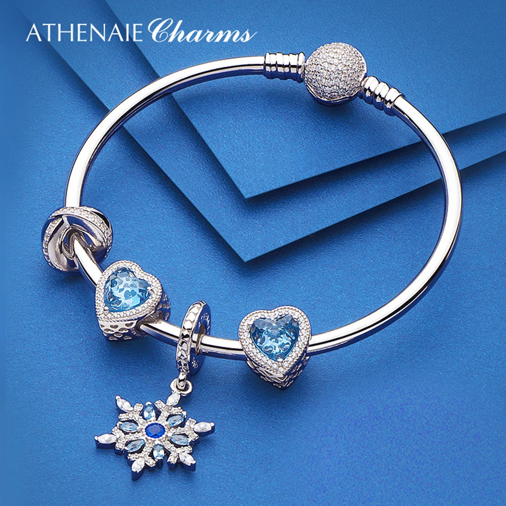 ATHENAIE 925 Sterling Silver Pave Blue Crystals CZ Crystalized Snowflake Pendant Drops Charms Beads For Women Gift Mother\'s Day