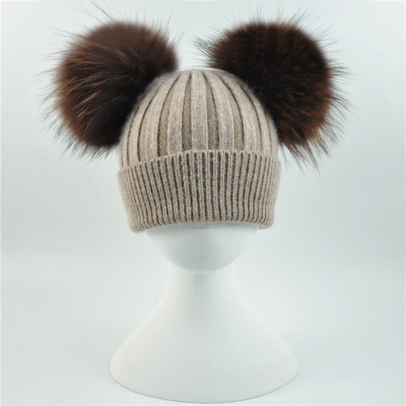 Jxwatcher Baby Winter Hats Child Warm Crochet Beanie Kids Warm Girls Boys Lovely Wool Hat Real Raccoon Fur Two Pom Pom Cap