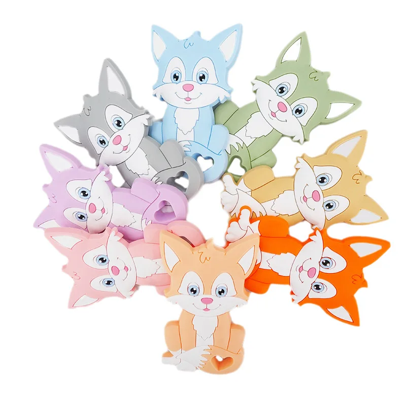 Chenkai 10PCS Silicone Fox Shape Baby Teether BPA Free Sensory Nursing Pacifier DIY Infant Necklace Pendant Teething Chewing Toy