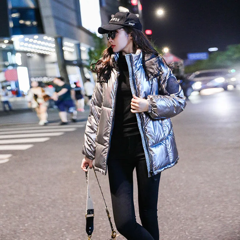 2019 Female Glossy Winter Down Cotton Padded Jacket For Women Thick Bright Black Short Shiny Jacket Silver Cotton Parkas