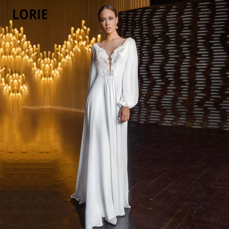 

LORIE Bohemian Wedding Dresses Beach Wedding Gown White Ivory Elastic Chiffon Long Sleeves Side Split Bridal Dress suknia ślubna