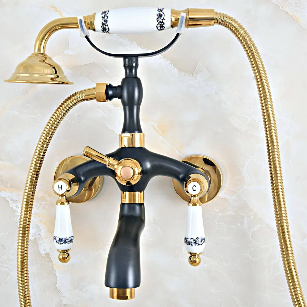 

Black Gold Color Brass Wall Mount Bathroom Tub Faucet Dual Ceramic Lever Telephone Style Hand Shower Clawfoot Tub Filler ana438