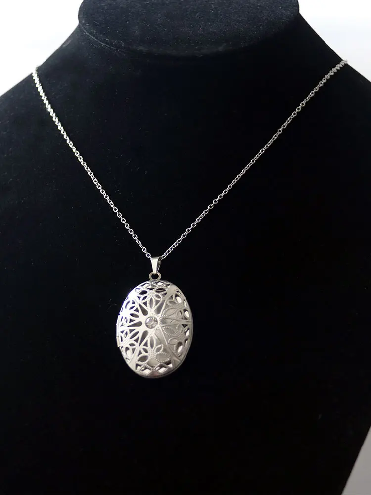 1Set Oval Lotus Flower Shell Photo Frame Stainless Steel Necklace Floating Locket Charm Necklaces Women Men Memorial Jewelry