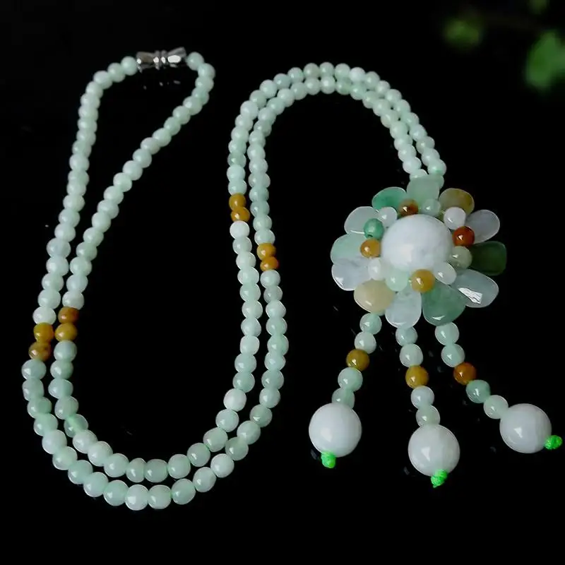 

Myanmar A goods natural jade sweater chain hand-woven jade jade bead necklace jade sun flower pendant