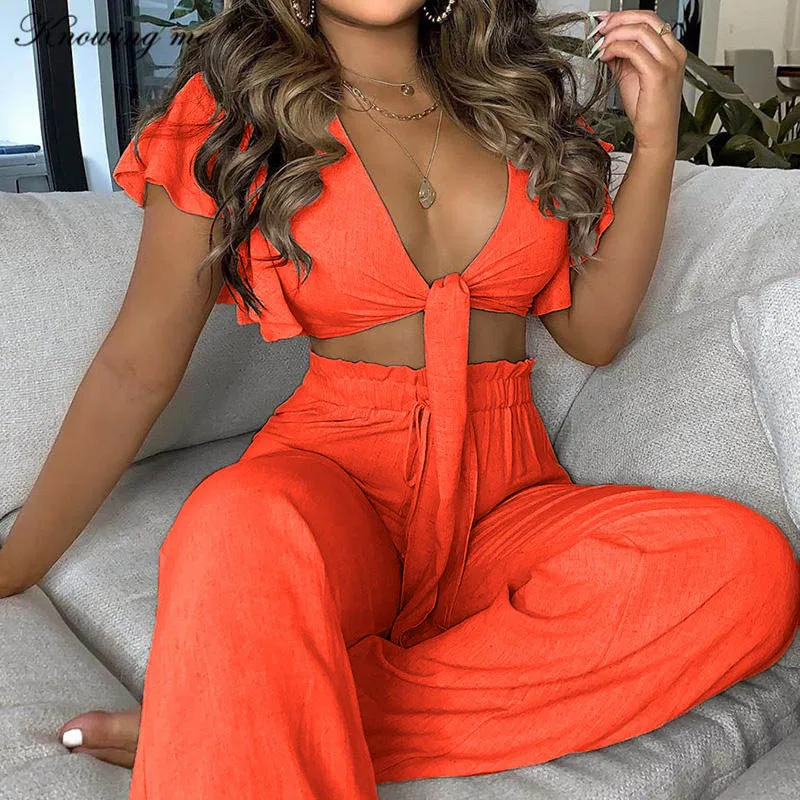 

Women Lace Up Tracksuit set bow tie crop top&High waist wide Leg pants 2pcs set 2024 Summer sexy V neck ruffle sleeve blouse set