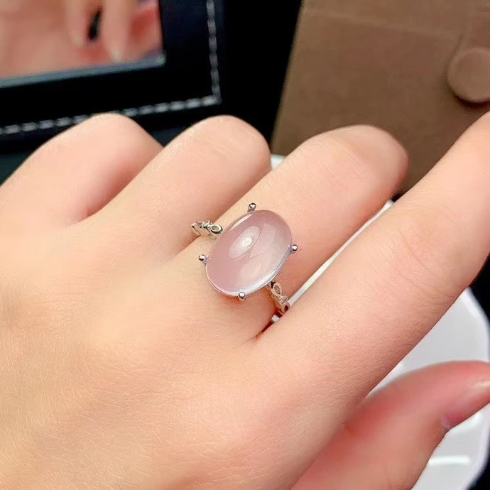 CoLife Jewelry Simple Gemstone Silver Ring 10mm * 14mm Natural Rose Quartz Ring 925 Silver Rose Quartz Jewelry Gift for Mother