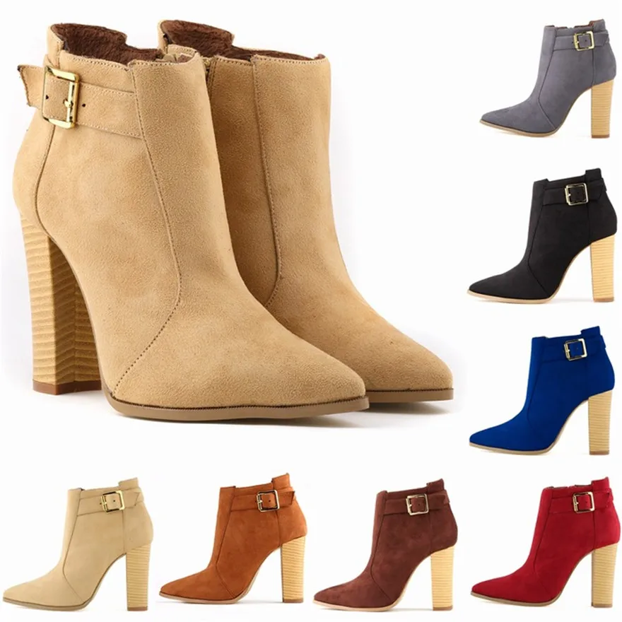 

2025 Winter Ladies Solid Flock Ankle Buckle Boots Pointed Toe Side Zipper Women Pumps Thick High Heels Sexy Party Shoes Wedding