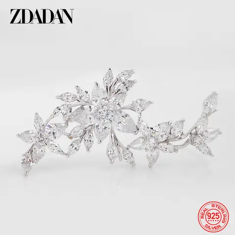 ZDADAN 925 Sterling Silver Flowers Crystal Brooch For Women Wedding Jewelry Accessories Gift