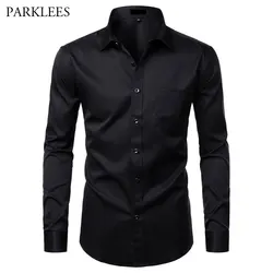 Schwarz Bambus Faser Shirt Männer Casual Slim Fit Mens Dress Shirts Einfarbig Elastische Taste Up Social Männlich Shirts mit tasche 4XL