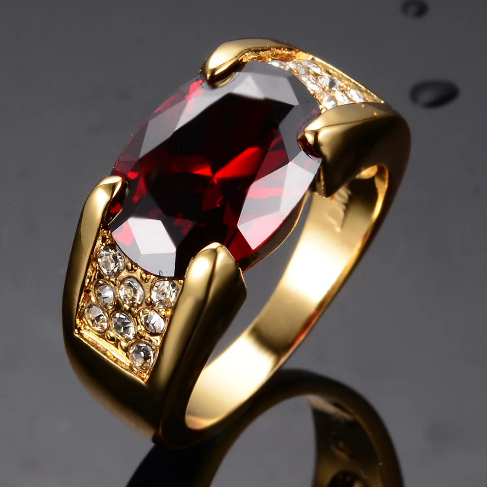 Charm Male Female Red Crystal Stone Ring 18KT Yellow Gold Color Thin Wedding Rings For Women Luxury Oval Zircon Engagement Ring