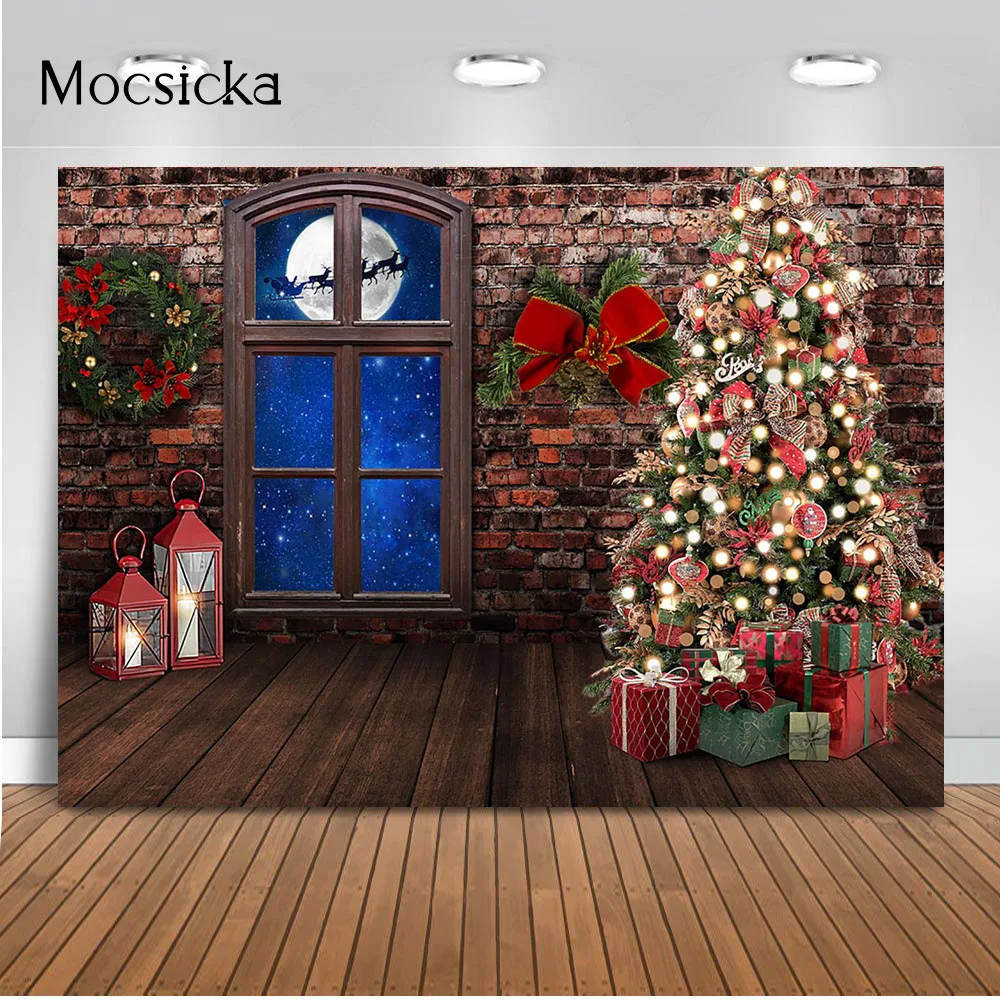 

Christmas Tree Windows Photography Background Red Brick Wall Wreath Children Kids Portrait Photo Backdrop Studio Photocall Decor