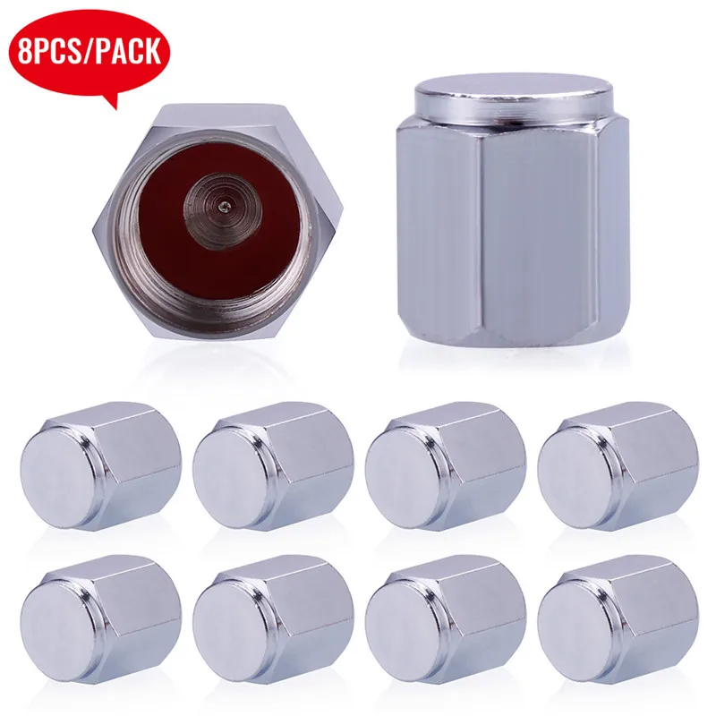 8 Pcs/Pack Tire Valve Caps Silver Premium Metal Rubber Seal Tire Valve Stem Caps Dust Proof Covers