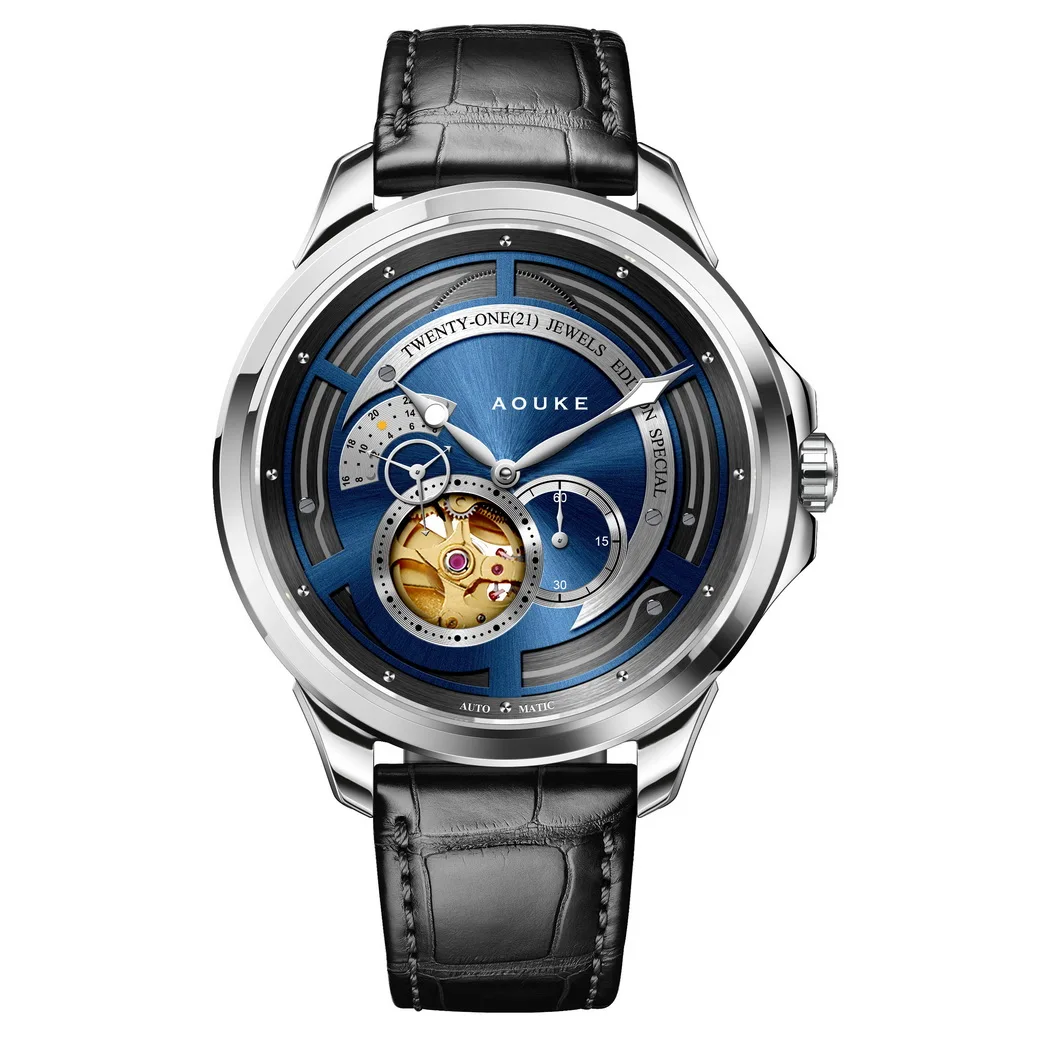 Aouke Men Automatic Watch Luxury Male Watches Mechanical Wristwatch Skeleton Sunray Dial Sapphire Mirror Unique 24 Hours Dial