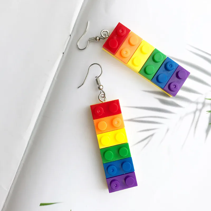 fashion Childlike Acrylic rainbow building blocks drop earrings women novelty toy brick dangle earrings girls gifts di129