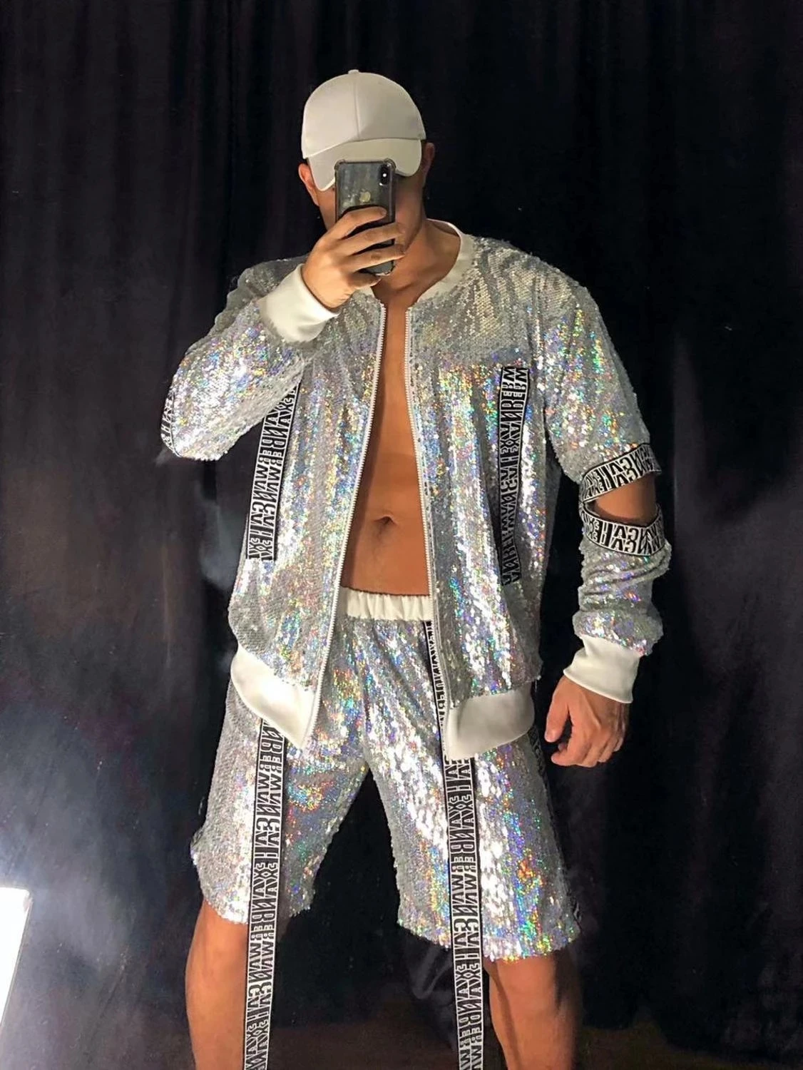 Two-piece Men\'s dance costume Set Shiny Sequins Jacket Pants Baseball Suit Nightclub Tide Hip Hop Rock Performance Clothes