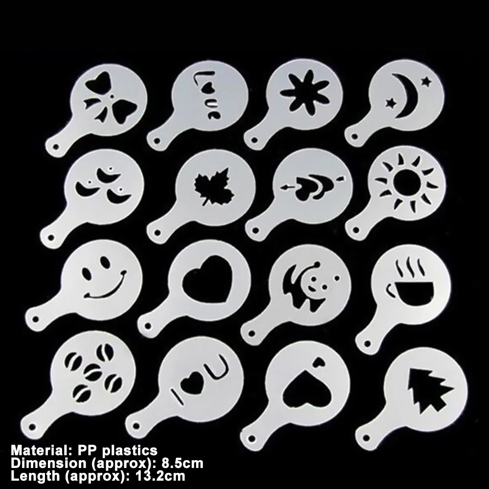 16pcs Plastic Fancy Coffee Printing Model Cafe Foam Spray Template Barista Stencils Decoration Tool