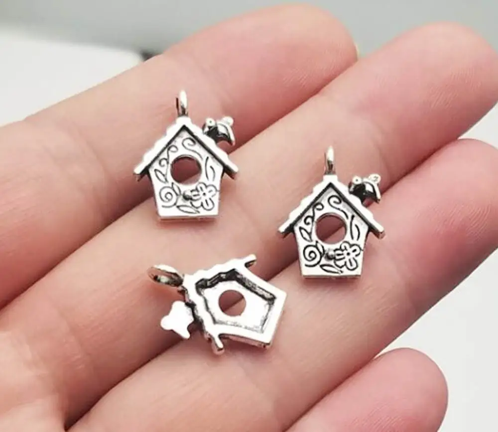40 sztuk/partia-17x13mm wisiorek z klatką dla ptaków antyczne posrebrzane domek dla ptaków Charms dla materiałów DIY komponenty do wyrobu biżuterii akcesoria