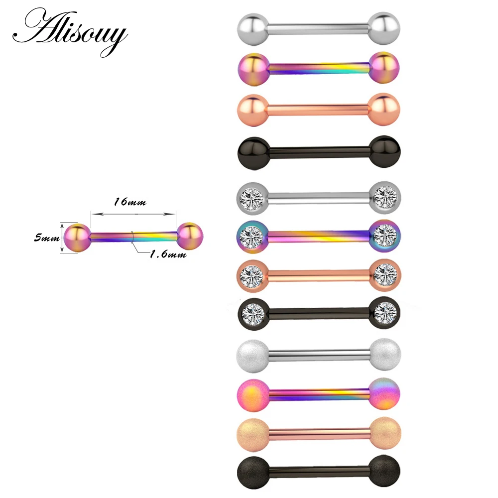 Alisouy 2pcs 14G Stainless Steel Women Long Industrial Barbell Tongue Nipple Ring Bar Tragus Helix Ear Piercing Body Jewelry