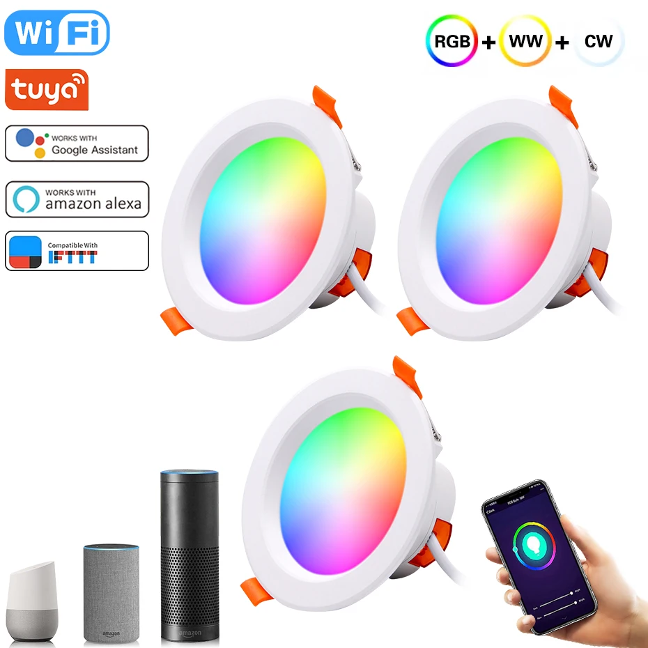 Luz descendente LED inteligente Tuya, lámpara empotrada de techo, regulable, cambia de Color RGB, 5W, 7W, 9W, 15W, luz fría y cálida con Alexa y