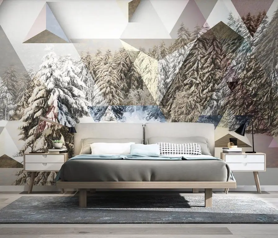 

Nordic 3D mural Pine Forest Snow Mountain wallpapers for living room bedroom Geometric modern minimalist tv background