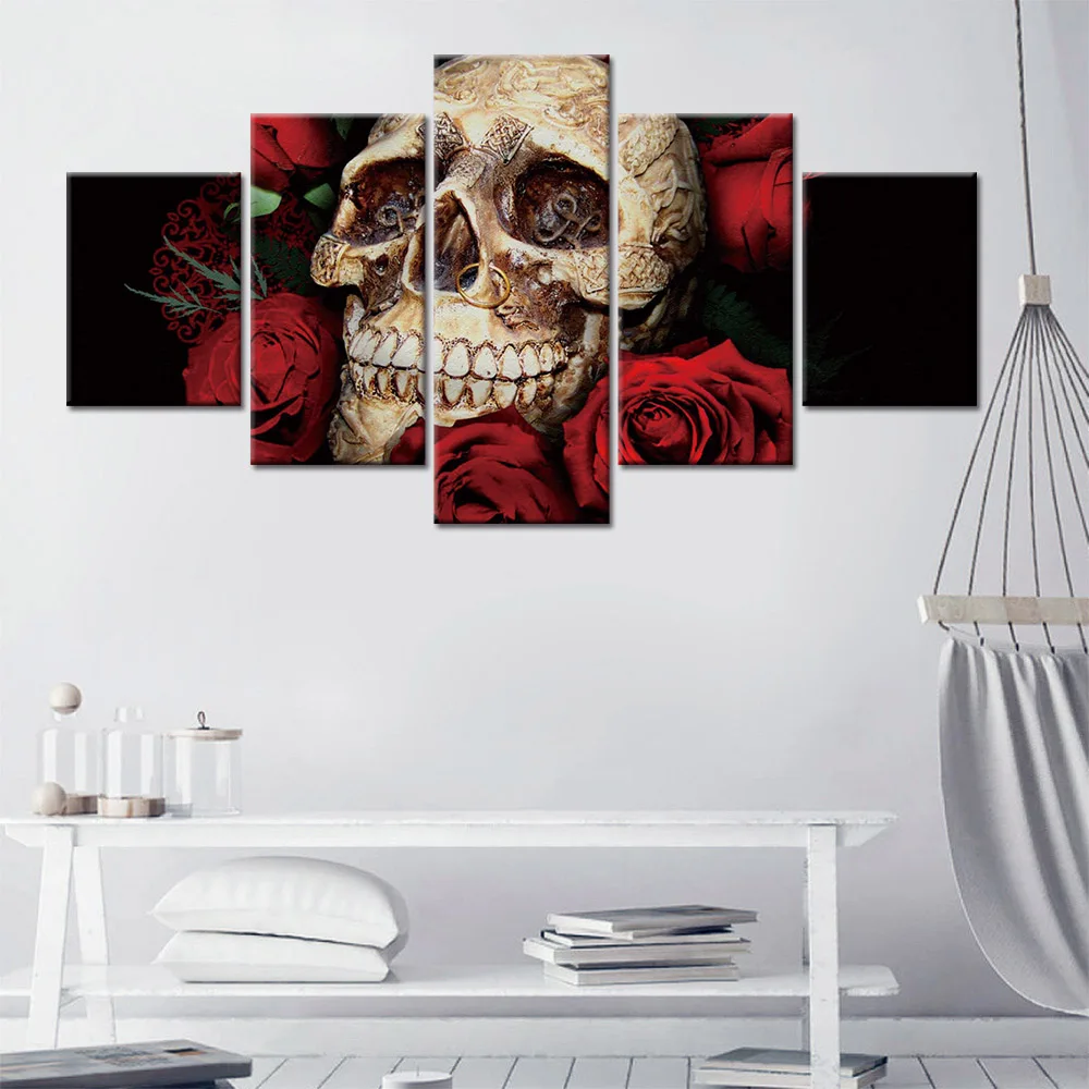 

No Framed Canvas 5Pcs Skull Skeleton Red Rose Wall Art Decorotive Posters Pictures Paintings Home Decor Accessories Decoration