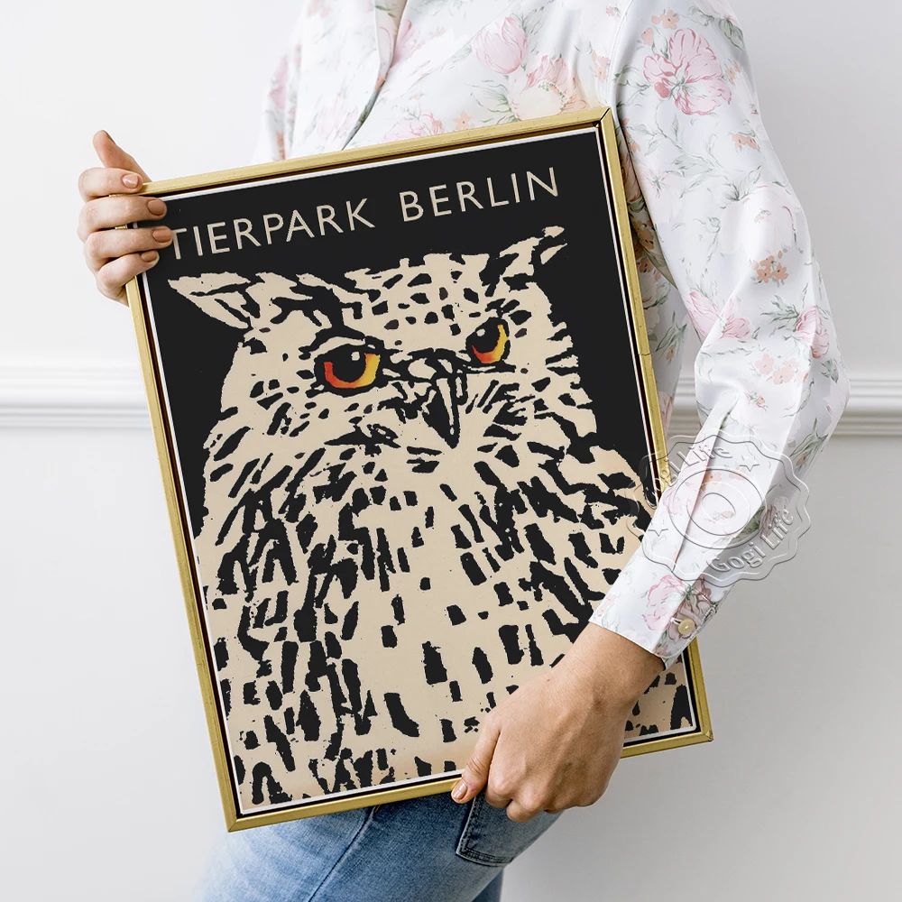 Tierpark Berlin Vintage Travel Print Poster, Visit Zoo Publicity Illustration Wall Picture, Owl Black White Kids Room Home Decor