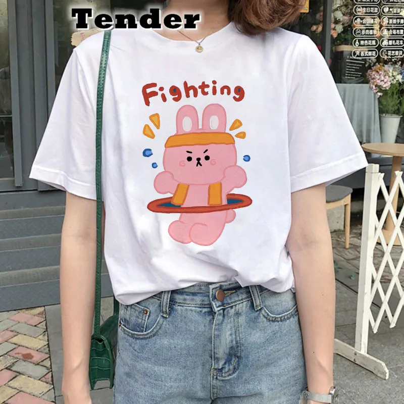 Cartoon Pink Bunny Kawaii Graphic Print T-shirt Women Harajuku Aesthetic White Top Tshirt 2021 Korea Summer Female T Shirt