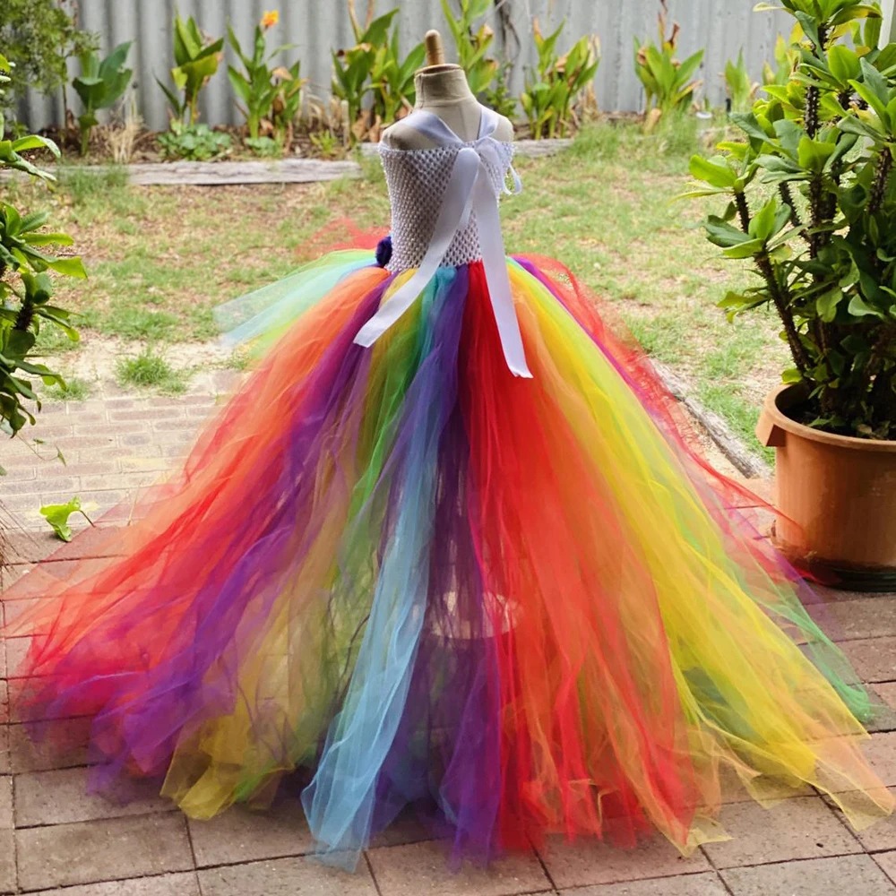 Rainbow High Low Fluffy Tutu Dress for Girls Kids Colorful Princess Costumes Flower Girl Party Dresses Long Floor Trail Outfits