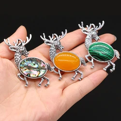 Natural Stone Rose Quartzs Tiger Eye Stone Brooch Metal Lucky Deer Shape Abalone Shell Brooch Scarf Pins For Women Jewelry Gift
