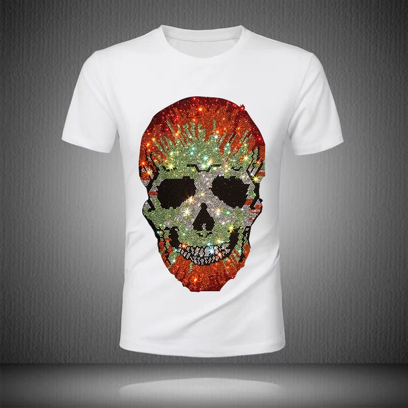 Men\'s Summer T-Shirt Shiny Gradient Skull Oversized Spring Short Sleeve Luxury Rhinestone Tops 2021 Designer Modal Cotton