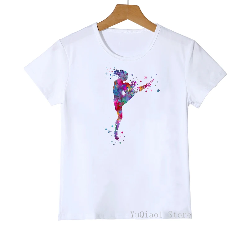 

baby boys/girls watercolor thai boxing girl print t shirt kids clothes white harajuku kawaii tshirt summer fashion unisex shirt