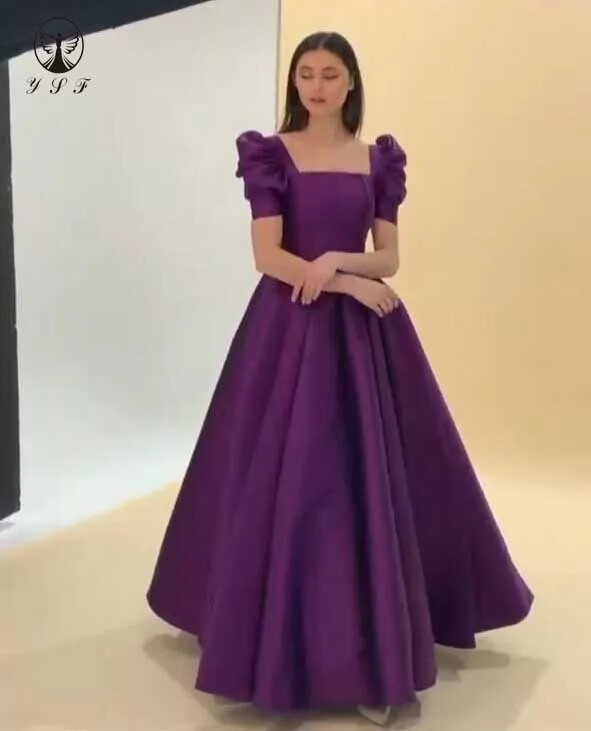 YSF Customized Vestidos De Formature Square Short Sleeve Pleated A Line Ankle Length Purple Prom Dress