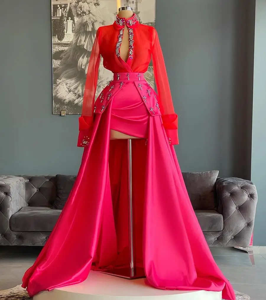 Wunderschöne Zwei Stück Elegante Prom Kleider Lange Ärmeln Hallo Lo Sweep Belastung Kristalle Frauen Abend Party Kleider Plus Size Custom maß