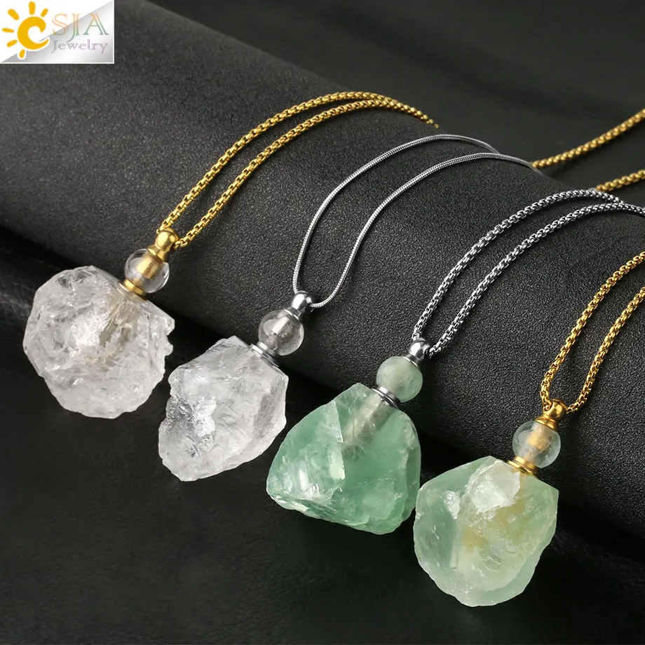 CSJA Crystal Perfume Bottle Necklace Essential Oil Diffuser Pendant Natural Stone Irregular Fluorite Clear Quartz Collier G612