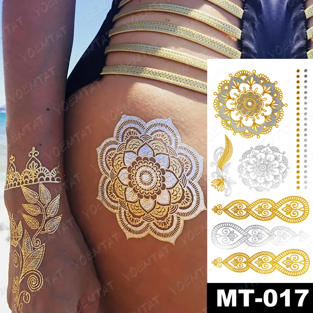 Etiqueta impermeável do tatuagem temporária, flores Mandala Henna Henna Ouro Prata Metálico Flash, Boho Lotus Glitter Body Art, atacado