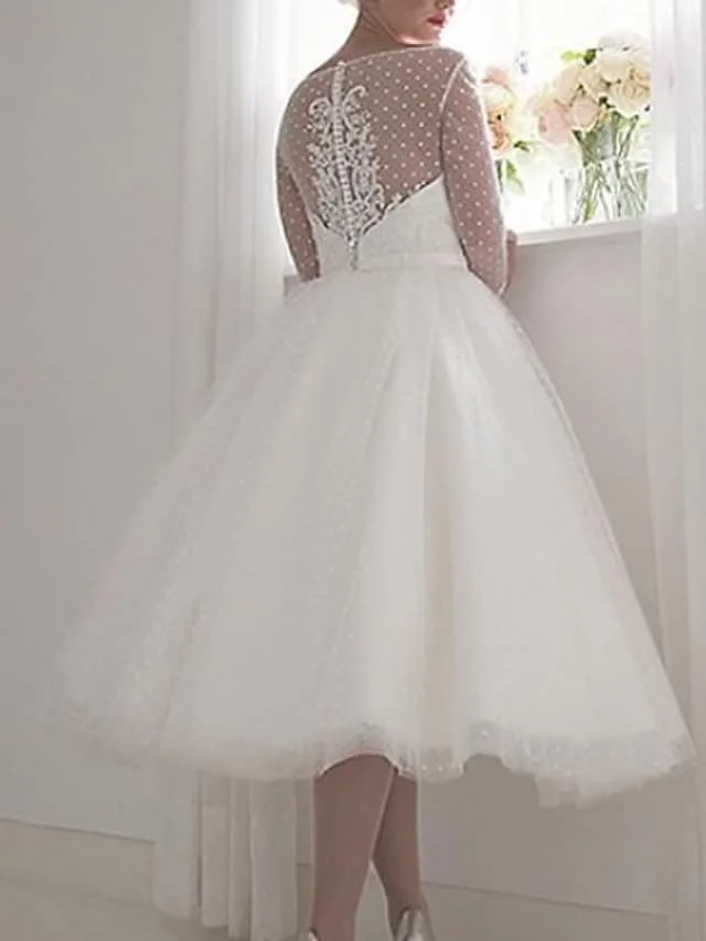 Vintage A-lijn Trouwjurken Jewel Thee Lengte Dot Tulle Kant Applicaties Bruidsjurk Vestido De Noiva Robe Mariage