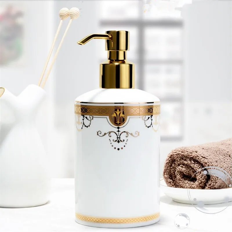 

Liquid Soap Dispensers Ceramic Emulsion Dispensing Bottle Gold Press Portable Hand Shower Gel Shampoo Bottle 300ML Free Shipping