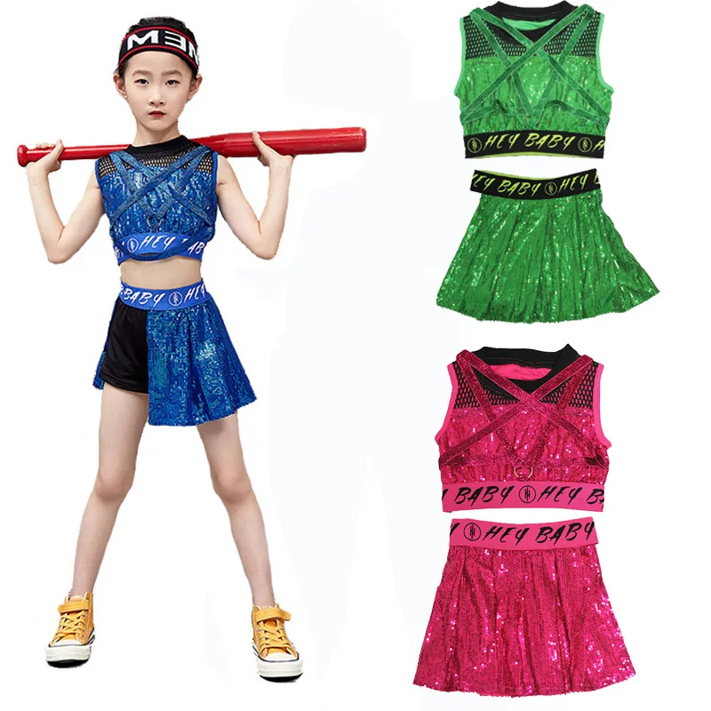 Green Children Sequin Hip Hop Dance Costume Sparkly Stage Jazz Dance Costumes Suit Girls Performance Outfits Clothing