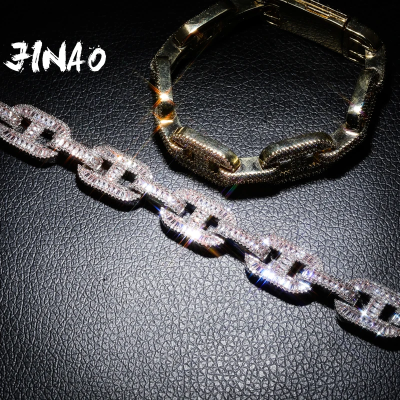 JINAO 14mm Big Box Clasp Cuban Link Bracelet Charm  Iced Out AAA+ Baguette Zircon Men Hip hop Jewelry