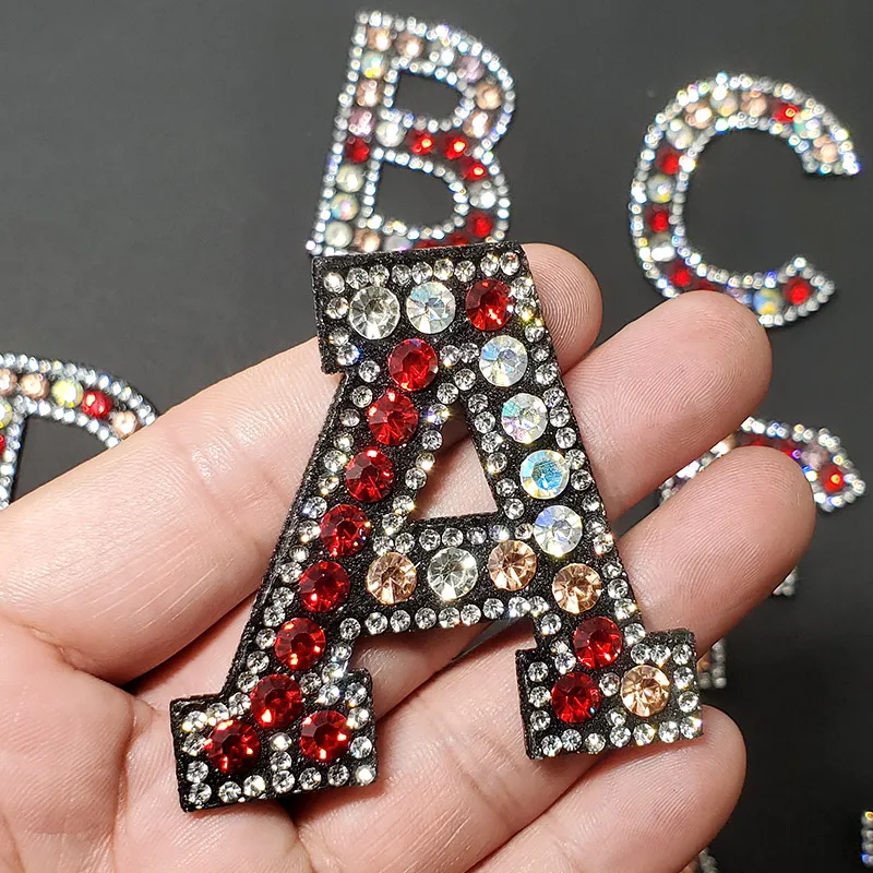 26 Alphabet Letters Red Mix Rhinestone Sew Iron On Patches Embroidery Badge For Clothes DIY Appliques Clothing Stripes Craft Diy