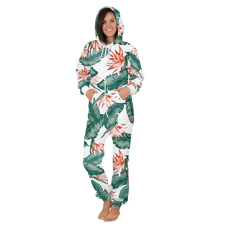 Women Men Autumn Winter Polyester Plus Size Tie-Dye Leapord Loose Hooded Zipper Fleece Jumpsuits Fashion Casual Romper Overalls