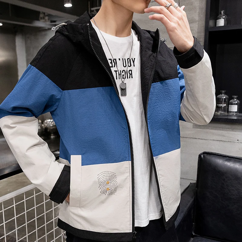 

Fashion Patchwork Jacket Men Streetwear Hooded Casual Varsity College Spring Autumn Coat Windbreakers Youth