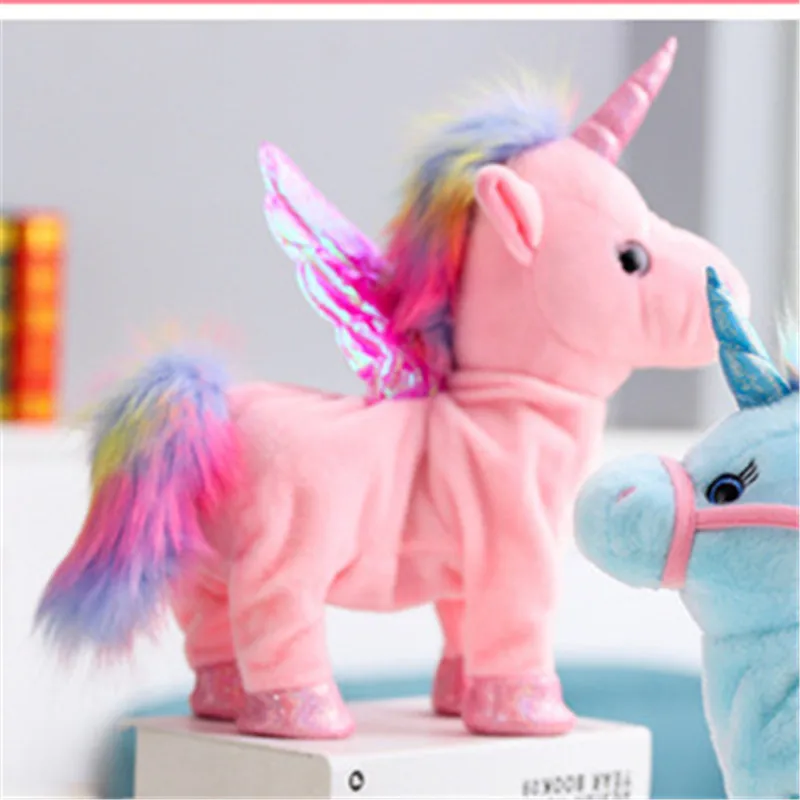 35cm Lovely Electric Walking Unicorn Plush Toy Soft Stuffed Animal Electronic Unicorn Doll Sing the Song for Baby Birthday Gifts