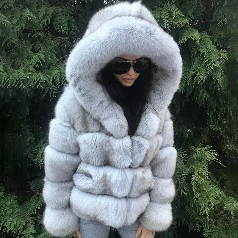 Luxury Eco-friendly Fur Coat Customize Winter fake Fox Fur Jackets With Hood Short Fur Coats Slim Jackets Furry Coat Femme