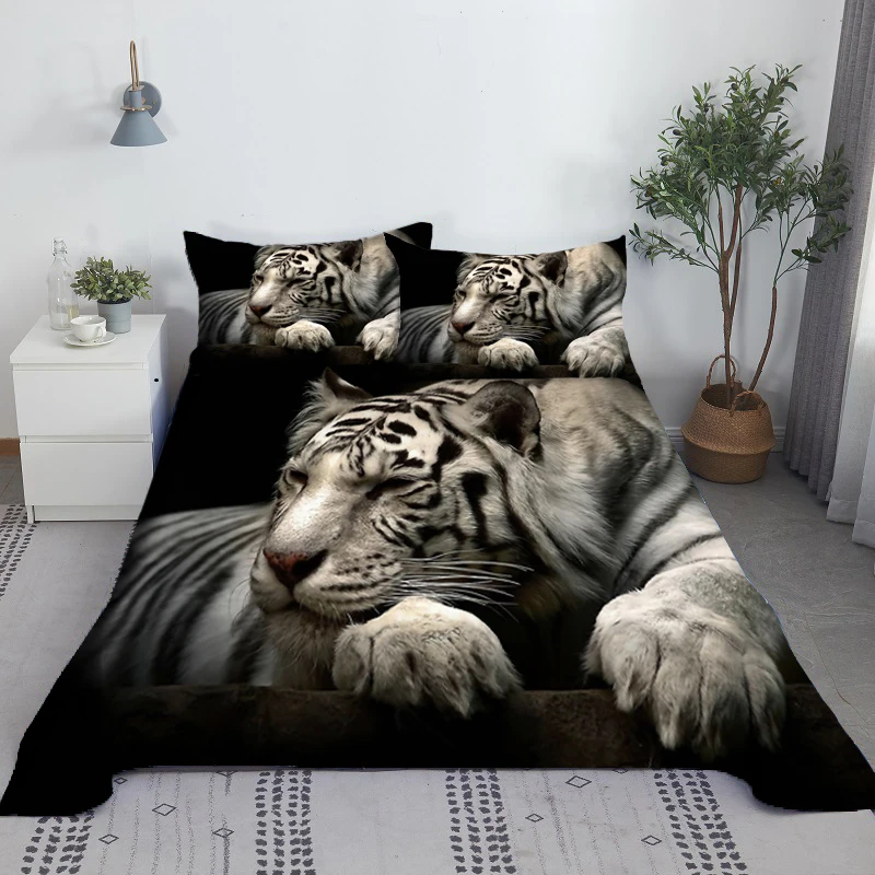 3D White Tigers Bedding Animals Bed Sheet Set Tiger Bed Flat Sheet With Pillowcase Soft Polyester  Home Textile King Size Style