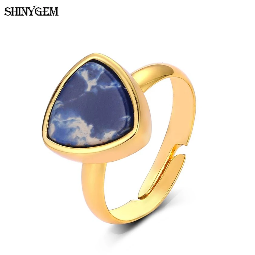 ShinyGem Triangle Natural Gem Stone Rings Natural Pattern Party Rings Vintage Gold Plating Sea Sediment Jaspers Rings For Women