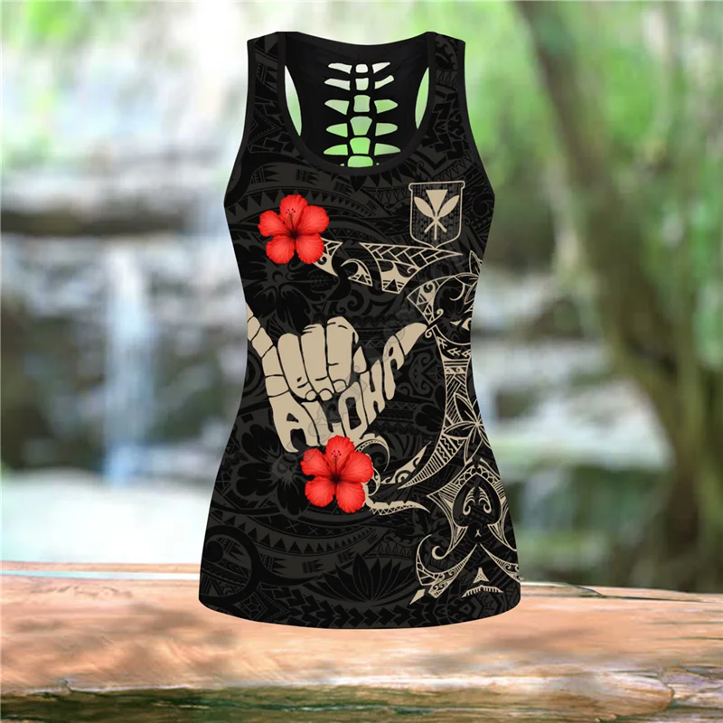 Hawaii Combo Outfit Leggings and Hollow out Tank Top Suit Sexy Yoga Fitness Soft Legging Summer Women For Girl 03