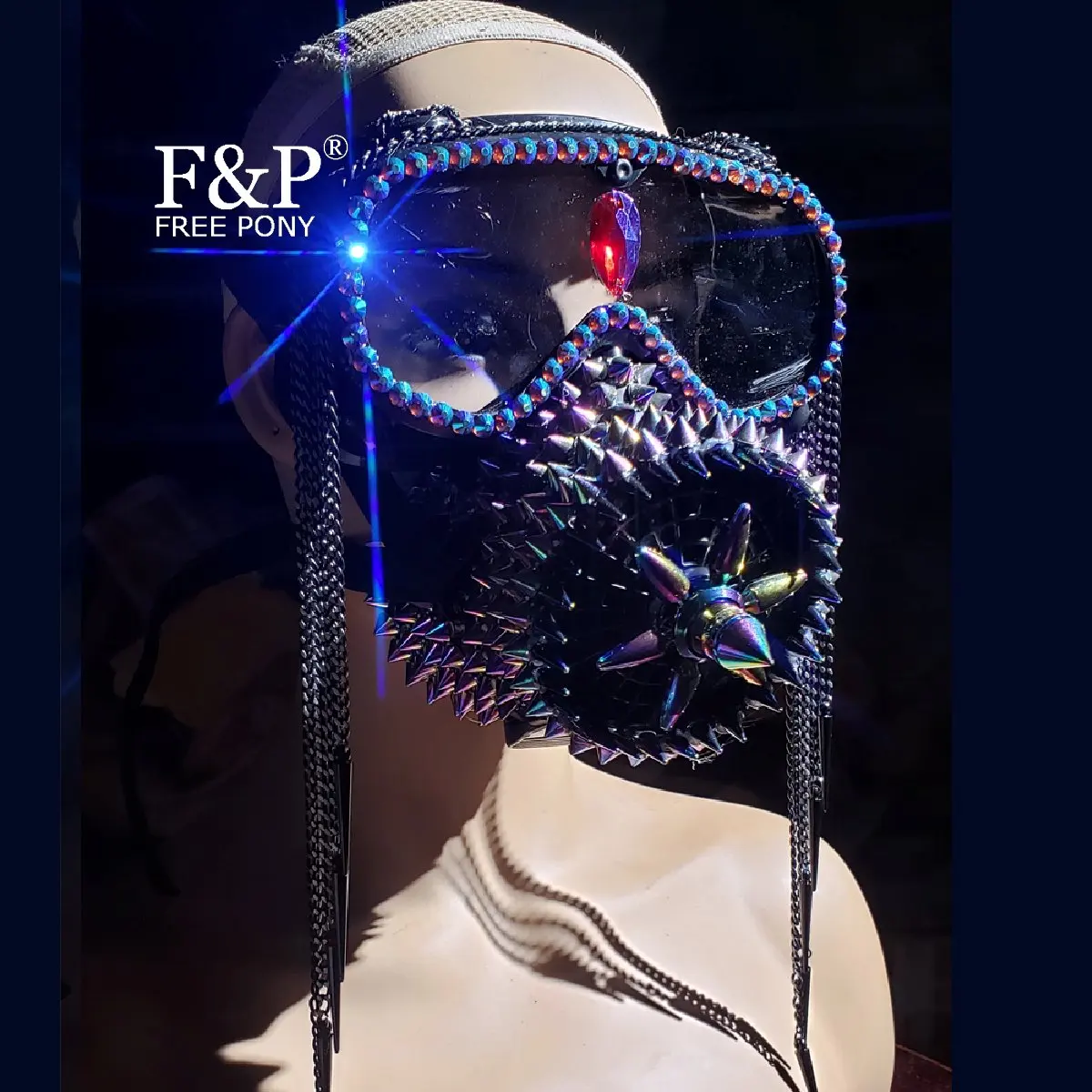 Burning Man Festival Holographic Rhinestone Spike Steampunk Mask Goggles Halloween Costume Gogo Dancer Accessories